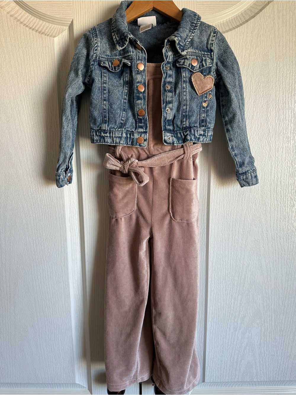Little Lass Girls 2Pc Plush Corduroy Jumpsuit Denim Jacket Set Size 4 Heart